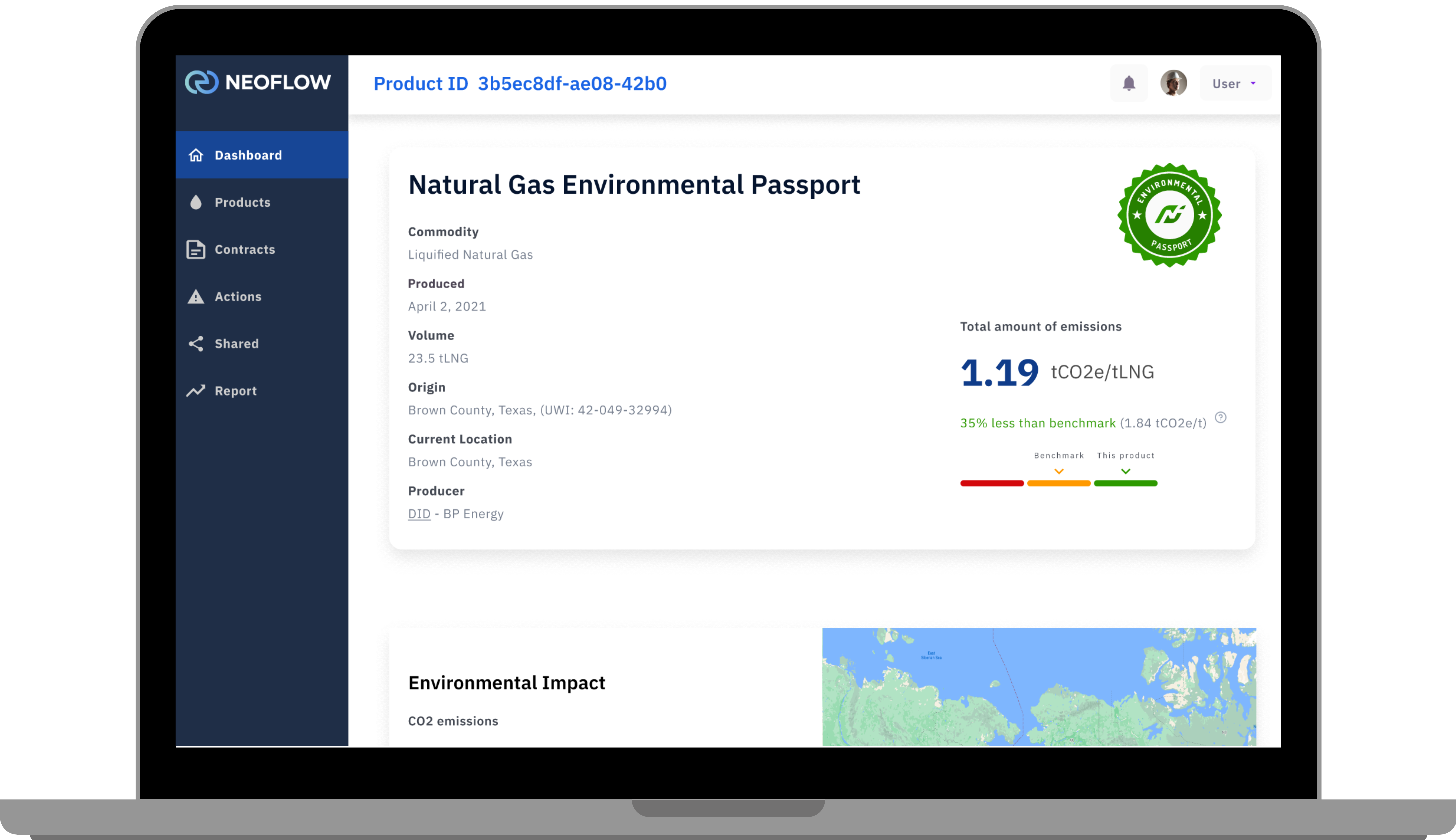 Neoflow Environmental Passport dashboard with green credential badge