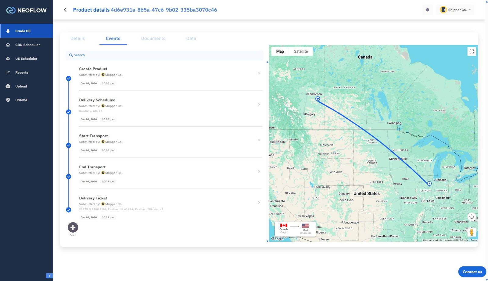 Neoflow Border Clearance Map showing Canada to USA shipment tracking